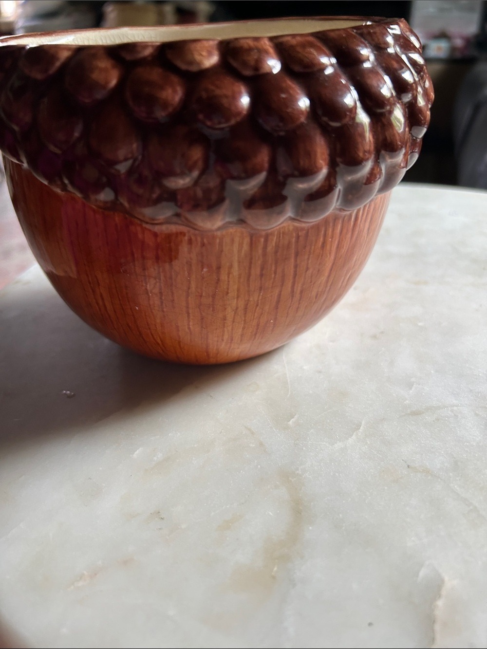 Russ Berrie Brown Glazed Acorn-Shaped Ceramic Bowl